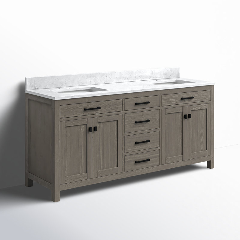 Ensemble de meuble-lavabo double 72 po Ajiya, Carrare blanc, Gris texturé / noir mat