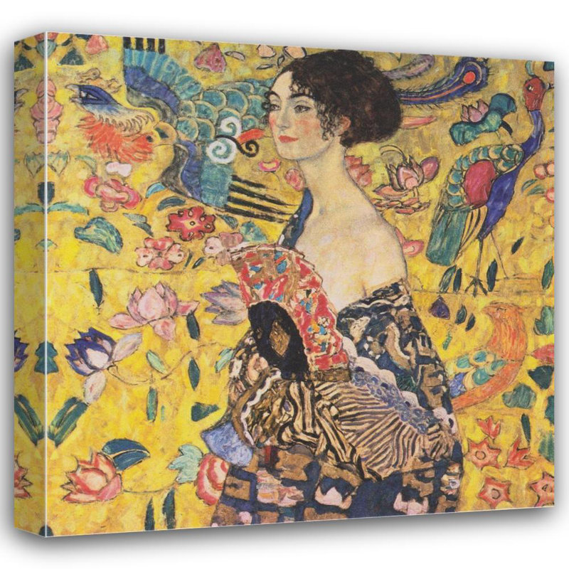 "Femme avec éventail" par Gustav Klimt - Art mural sur toile tendue avec châssis, H 24 po x l 17 po