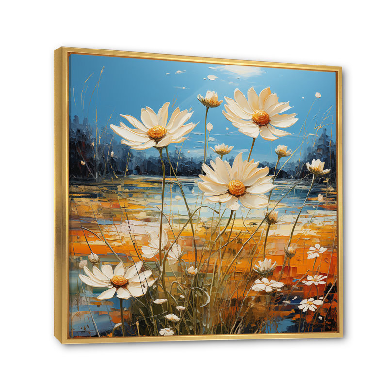 «White and Tealy Daisy Serenade III», impression d'art mural, 36" H x 36" W, Cadre flottant doré