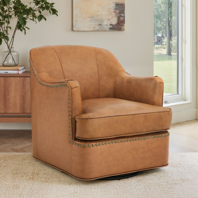 Fazio Genuine Leather Swivel Barrel Chair, Whiskey Brown