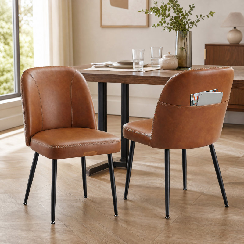 Mid-Century Modern Upholstered Dining Chairs, Synthetic Leather With Storage Pocket, Brown