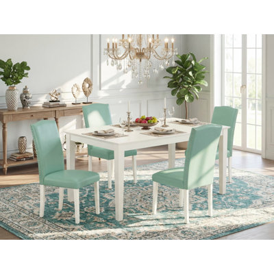 5 Piece Dining Room Furniture Set Includes a Rectangle Dining Table and 4 Pond Faux Leather Upholstered Chairs, 36x60 Inch, Linen White
