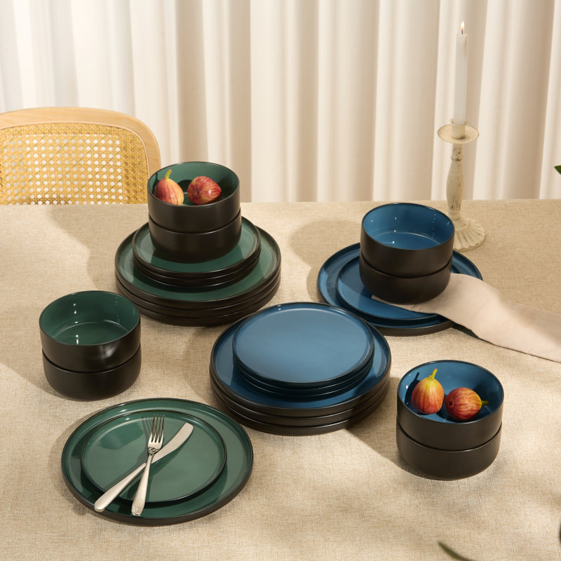  Service de table en céramique, 12 pièces, noir / bleu ardoise, service pour 4, Noir / bleu ardoise