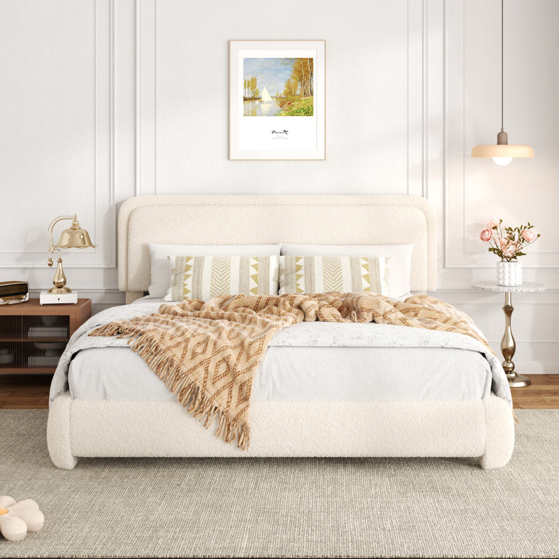 Haden Lambswool Boucle Upholstered Platform Bed Frame with Headboard, King, Beige