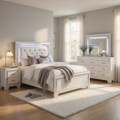 Ensemble de chambre avec très grand lit californien, rangement de tiroir, blanc, ensemble 5 pièces avec 2 tables de chevet, commode et miroir