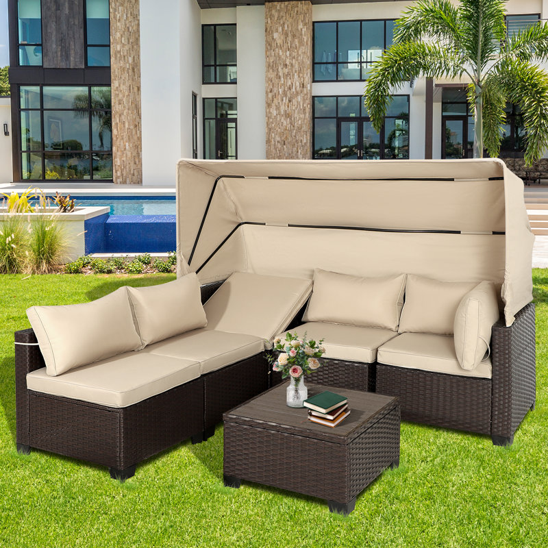 6 Pieces Patio Furniture Set Daybed with Retractable Canopy and Adjustable Backrest, Khaki
