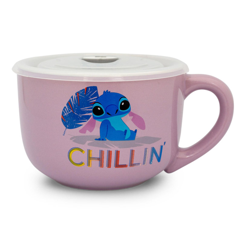 Grande tasse à soupe en céramique avec couvercle aéré «Chillin» Disney Lilo & Stitch | Peut contenir 24 onces