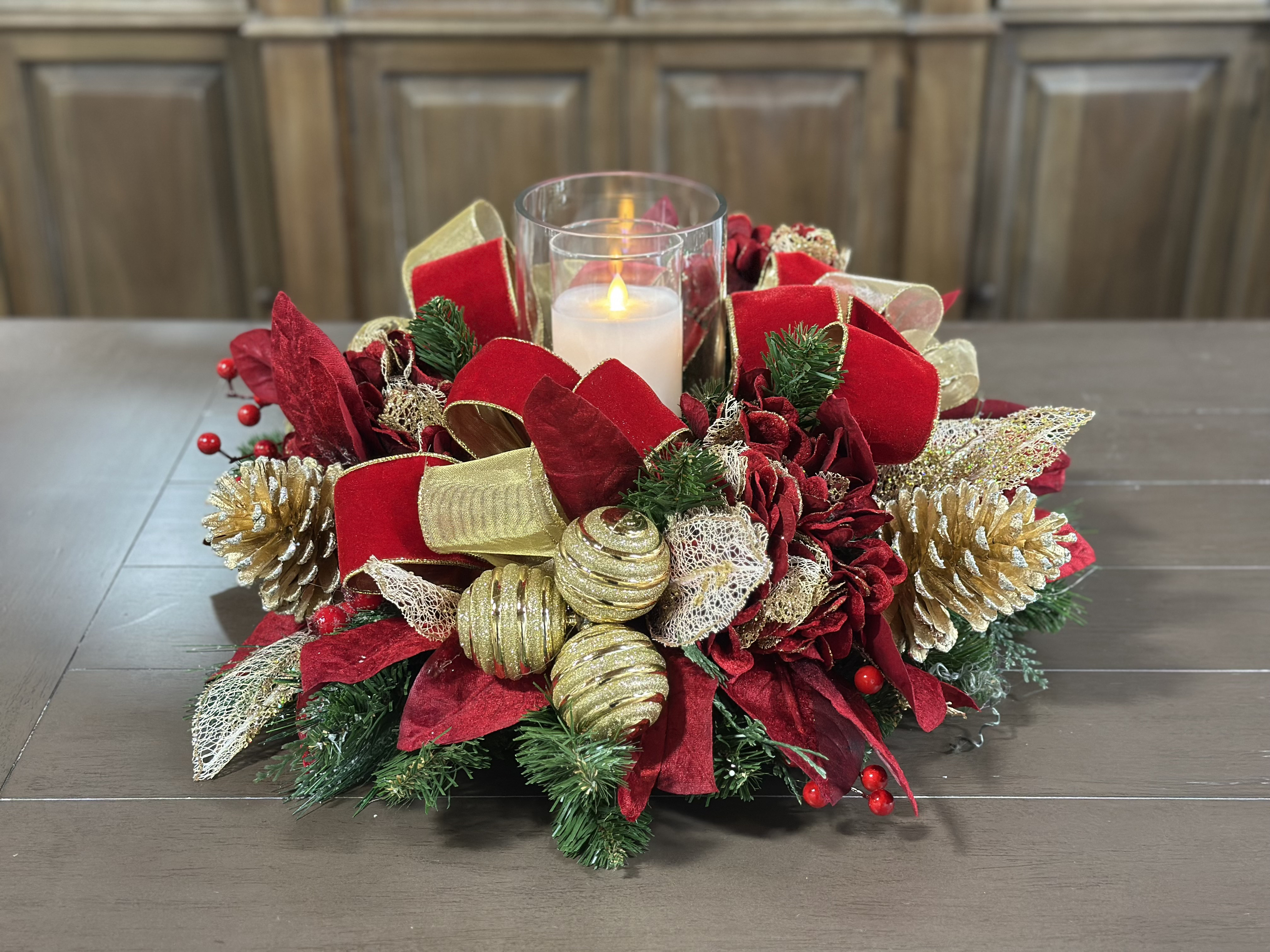 The Twillery Co.® Holiday Candleholder Centerpiece with Hydrangeas, Ornaments and Decorative Leaves & Reviews | Wayfair