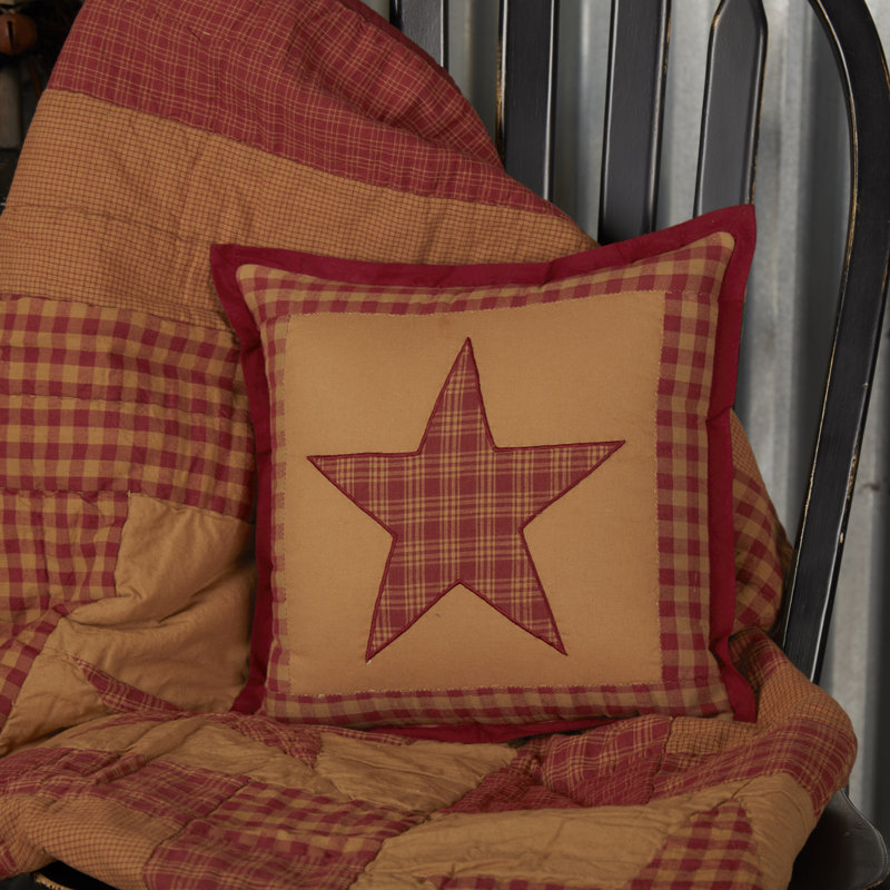 Burgundy and Tan Embroidered Star Quilted Pillow, 12x12