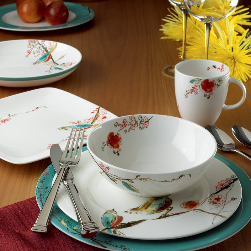 Chirp 4 Piece Bone China Place Setting with Teal Accents