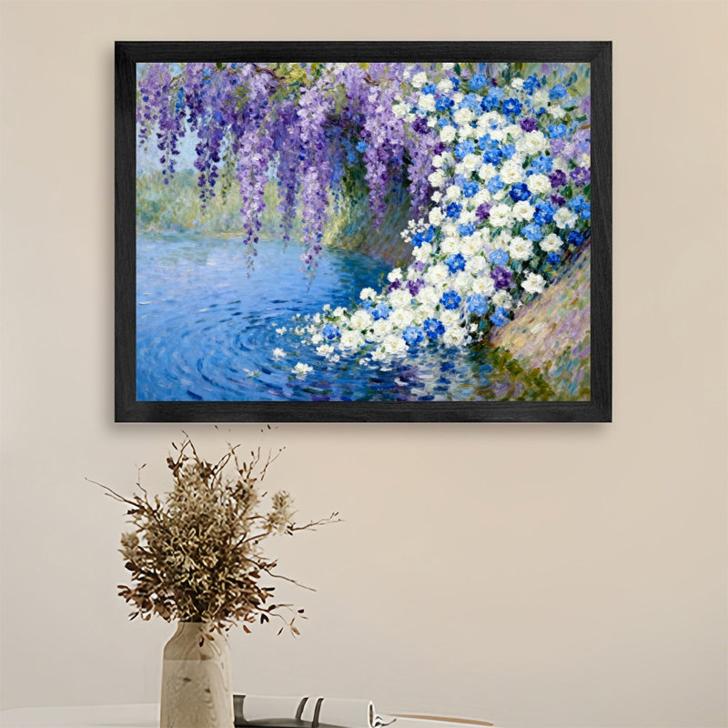 Reproduction d'art encadré noir avec fleurs de glycine rétro sur la surface du lac, H 13 po x l 17 po