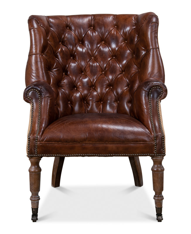Welsh Tufted Wingback Chair, Vintage Cigar Genuine Leather