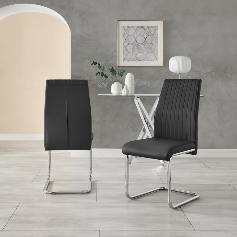 Seline Modern Round Dining Table Set in Glass and Chrome with 2 Upholstered Faux Leather Chairs, Black