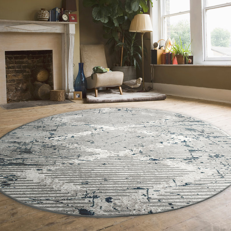 Davide Blue Geometric Area Rug – Modern Transitional Design, Soft High-Low Texture, Round 8'