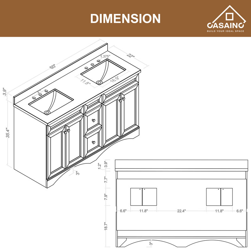 60'' Free-standing Double Bathroom Vanity in Brown with Carrara Marble Vanity Top and Backsplash