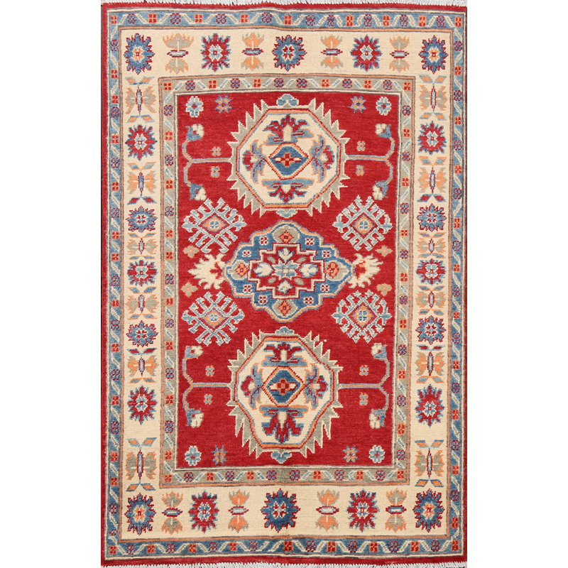 Tapis rouge en laine noué à la main à motif géométrique 3 pi 2 po x 4 pi 8 po