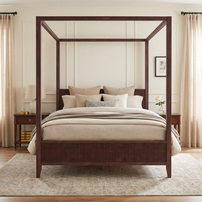 Lit plateforme à baldaquin en bois, tête et pied de lit cannelés, moderne, chambre à coucher