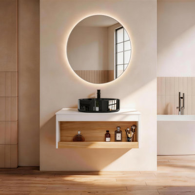  Meuble-lavabo flottant 30 po, vasque en marbre noir, chêne clair