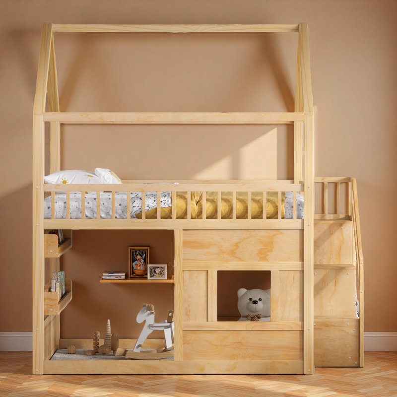 Lit de maison en bois avec lumière de tablette à DEL intégrée, barrières de sécurité et échelle robuste, Naturel