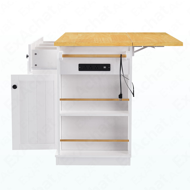 53Inch Large Kitchen Island With 2 Bar Stools, Power Outlet,Door Internal Storage Rack, Kitchen Storage Cart On 5 Wheels With Drop Leaf, 5 Open Side Racks, 3 Drawers, For Kitchen,Dining Room,White