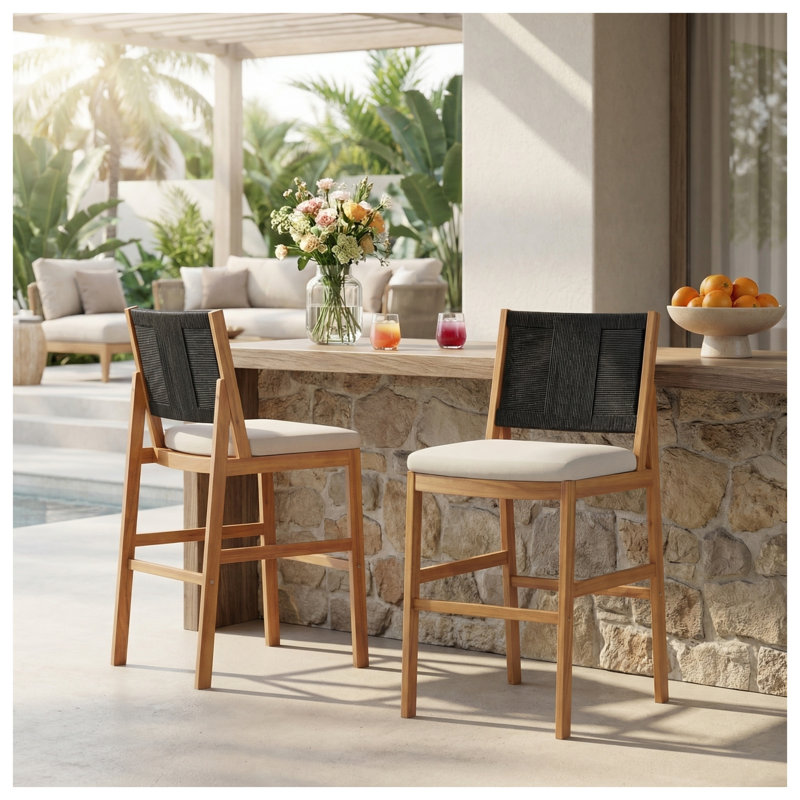 Ensemble de 2 tabourets de bar d'extérieur en bois d'acacia avec coussins, sièges de patio en teck