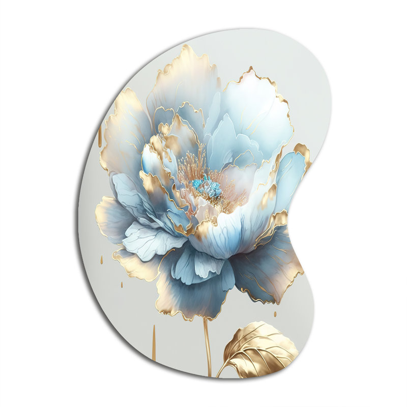 «Chic Blue Blooming Flower II» - fleurs, forme murale unique en métal, reproduction d'art asymétrique traditionnelle