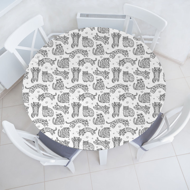 Wrought Studio™ Cats Fitted Round Tablecloth Diameter Black White, 64.17" Round