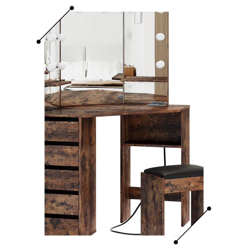 Coiffeuse d'angle et tabouret, bureau de coiffeuse d'angle avec miroir et lumières