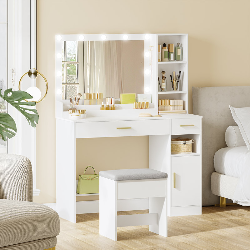 Dressing Table with Stool, Vanity Desk with Large LED Mirror, 11 LED Lights with Adjustable Brightness, Makeup Desk, 2 Drawers, 4 Compartments and 1 Cabinet, 40 x 108 x 141 cm, White