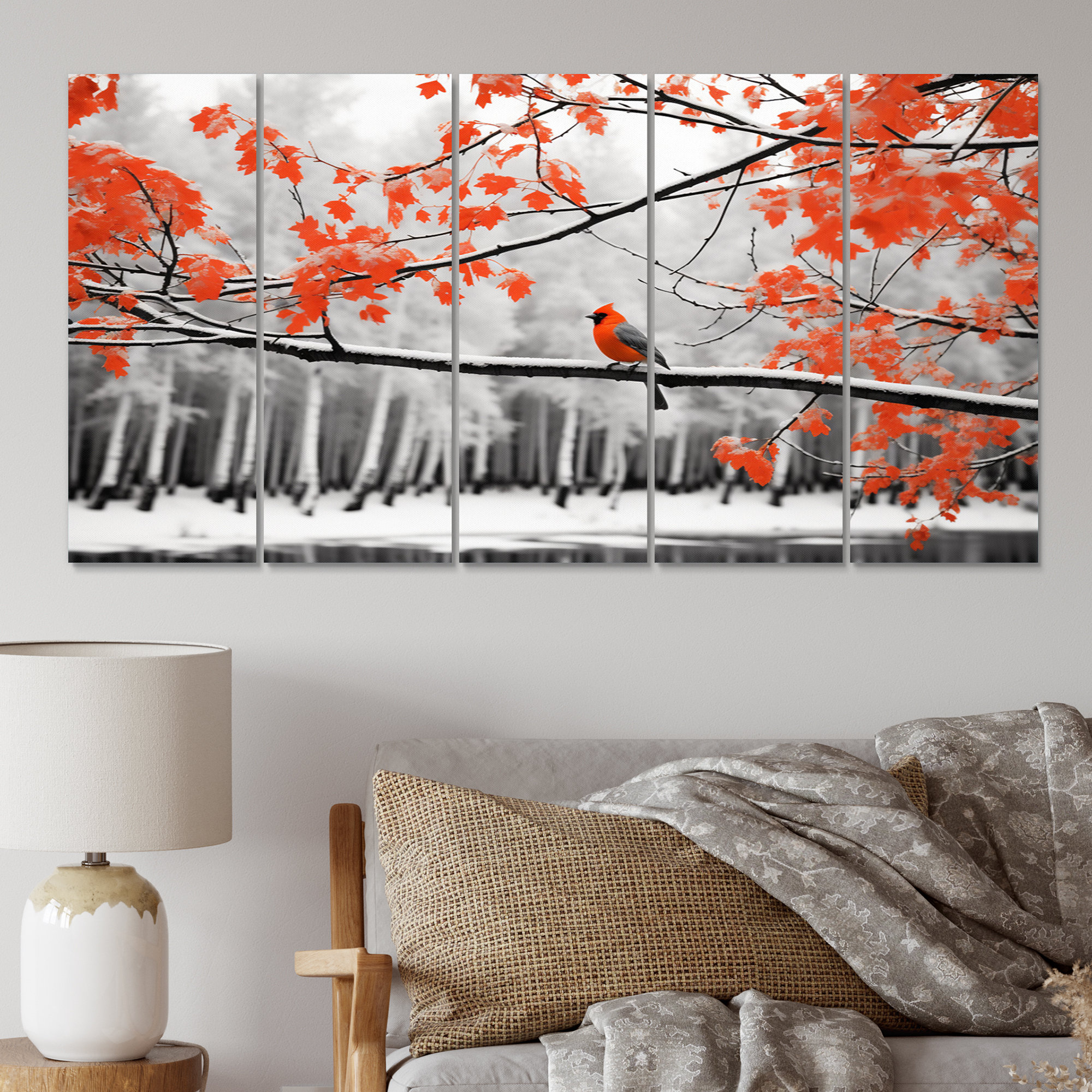 Ebern Designs Oiseau rouge et gris en forêt III - décoration murale ...