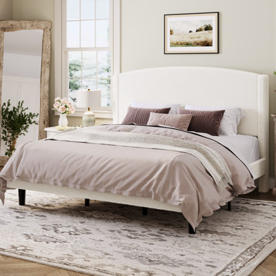 Chic Teddy Fleece Upholstered Platform Bed With Curve-Shaped Headboard, Modern Soft Boucle Fabric Bed Frame, Solid Wood Slat Support, No Box Spring Needed