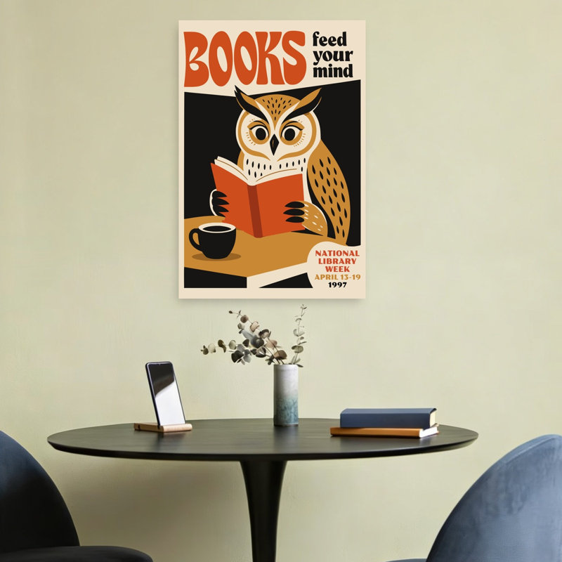 Affiche murale vintage représentant un hibou sage lisant un livre, style rétro, architecture de forêt., H 24 po x l 16 po