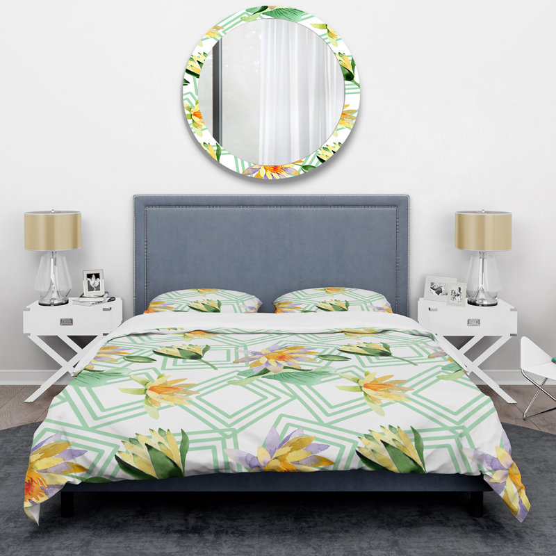Ensemble de housse de couette Yellow Lotus Flowers - Cabin & Lodge, Housse de couette pour grand lit et 2 taies décor