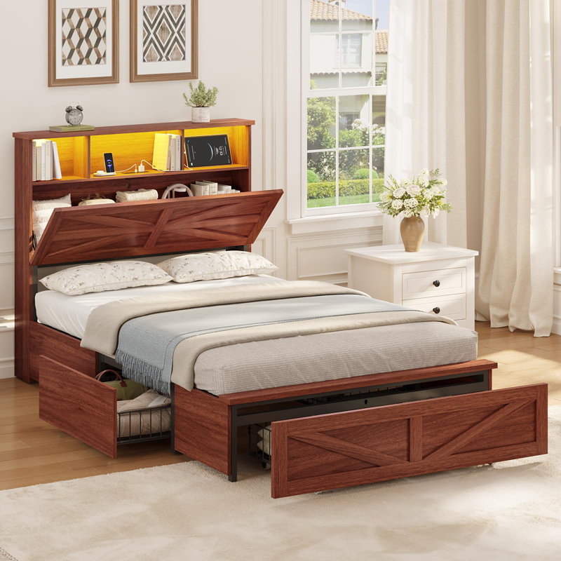 Wood Twin Bed Frame with 5 Drawers and Spacious Storage Headboard Farmhouse LED Metal Platform Bed with Charging Station No Boxing Need