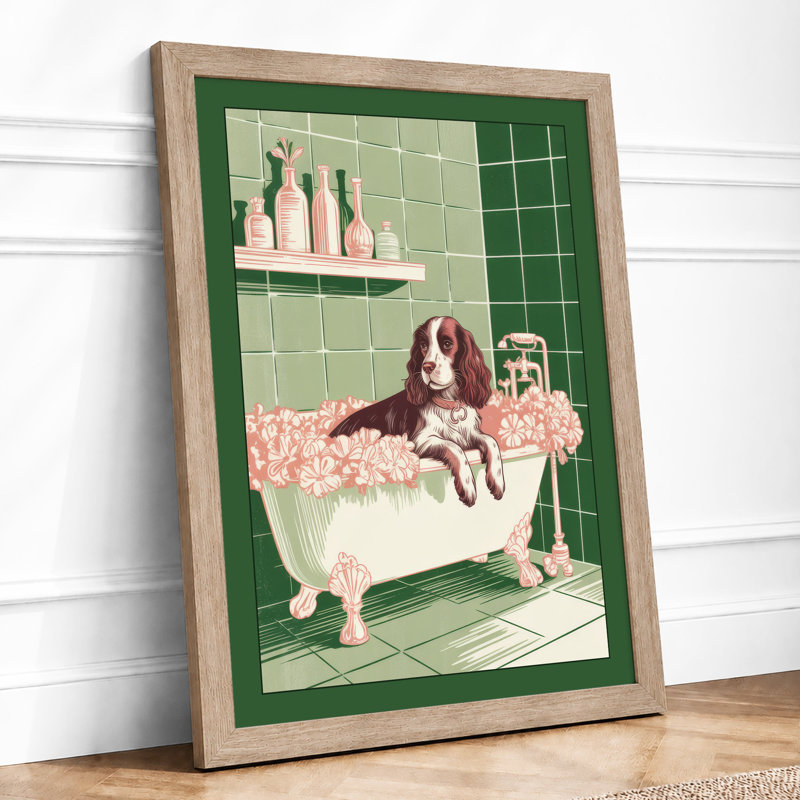 Spaniel's Bubble Bath Novelty - Framed Print, A1 - 84.1 x 59.4 cm, Oak