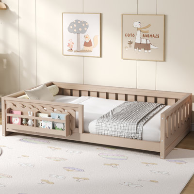 Wood Twin Size Platform Bed with Guardrail and Storage Shelves for Kids – Solid Pine Wood, Sturdy, No Box Spring, Natural