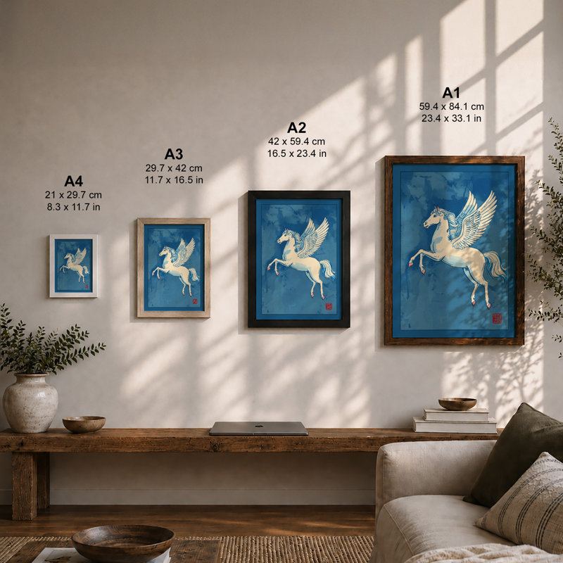 Pegasus in Flight Japandi - Framed Print, Unframed, A3 - 42.0 x 29.7 cm