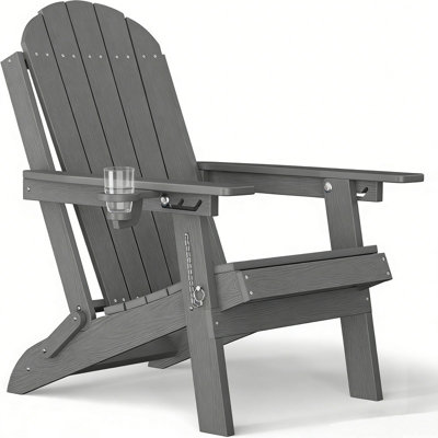 Foldable Adirondack Chair with Adjustable Backrest Outdoor HDPE All Weather Plastic Folding Patio Chair with Cup Holder for Lawn, Garden, Poolside, Gray