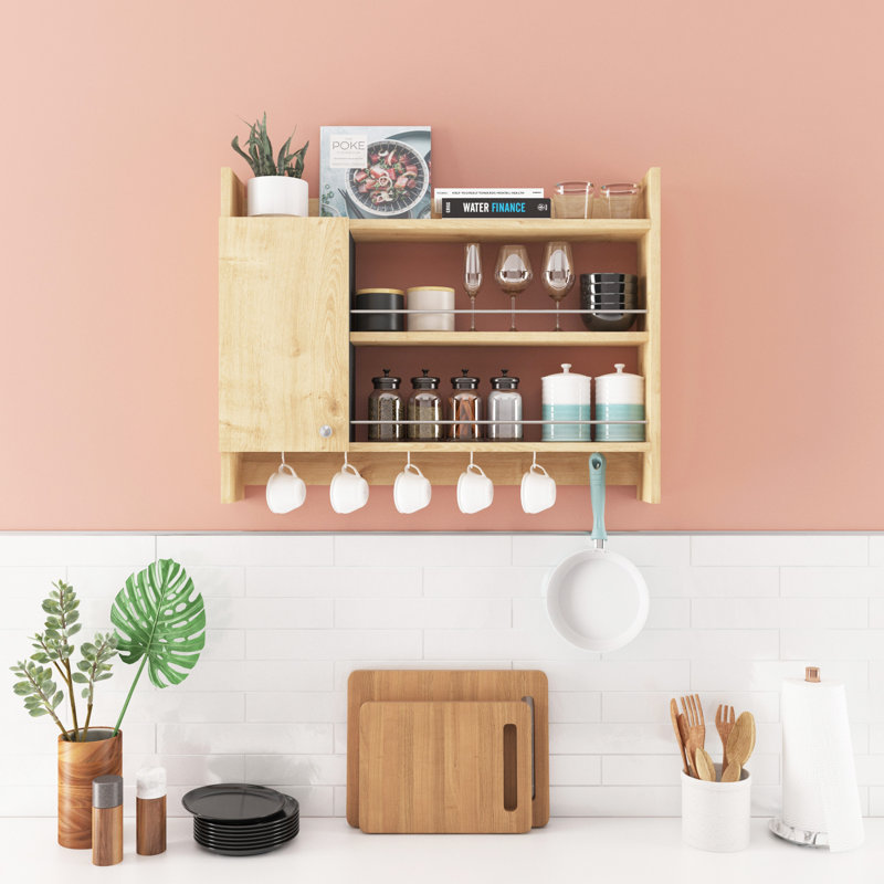 Modern Kitchen Shelf, Oak Color, 33.5 x 5.9 x 25.6 inches | 100% Melamine Coated Particle Board, Thickness: 0.7 inches | Wall-Mountable Design with Numerous Shelves, Perfect for Stylish Storage & Organization