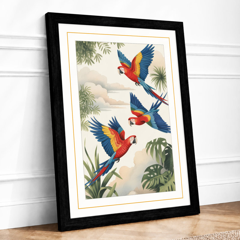 Macaws in Flight Tropical - Framed Print, A2 - 59.4 x 42.0 cm, Black