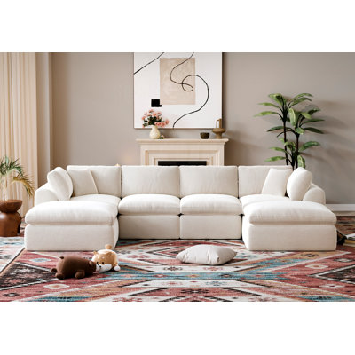 U-Shape 6-Seat Sectional Sofa With Ottomans, 139" Wide, No-Assembly Cloud-Style Design, High-Density Boneless Compression Foam, White