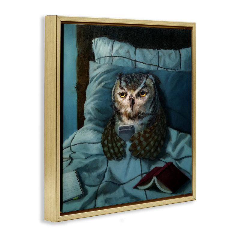 «Night Owl on Téléphone Grain Floater» par Lucia Heffernan, H 18 po x l 18 po, Cadre flottant métallique doré