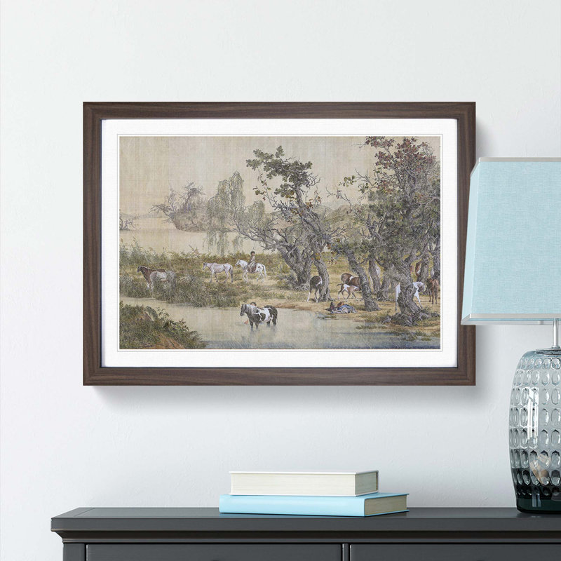 Horses by the Stream by Lang Shining - Framed Print, Walnut Framed, 27cm H x 36cm W x 2cm D