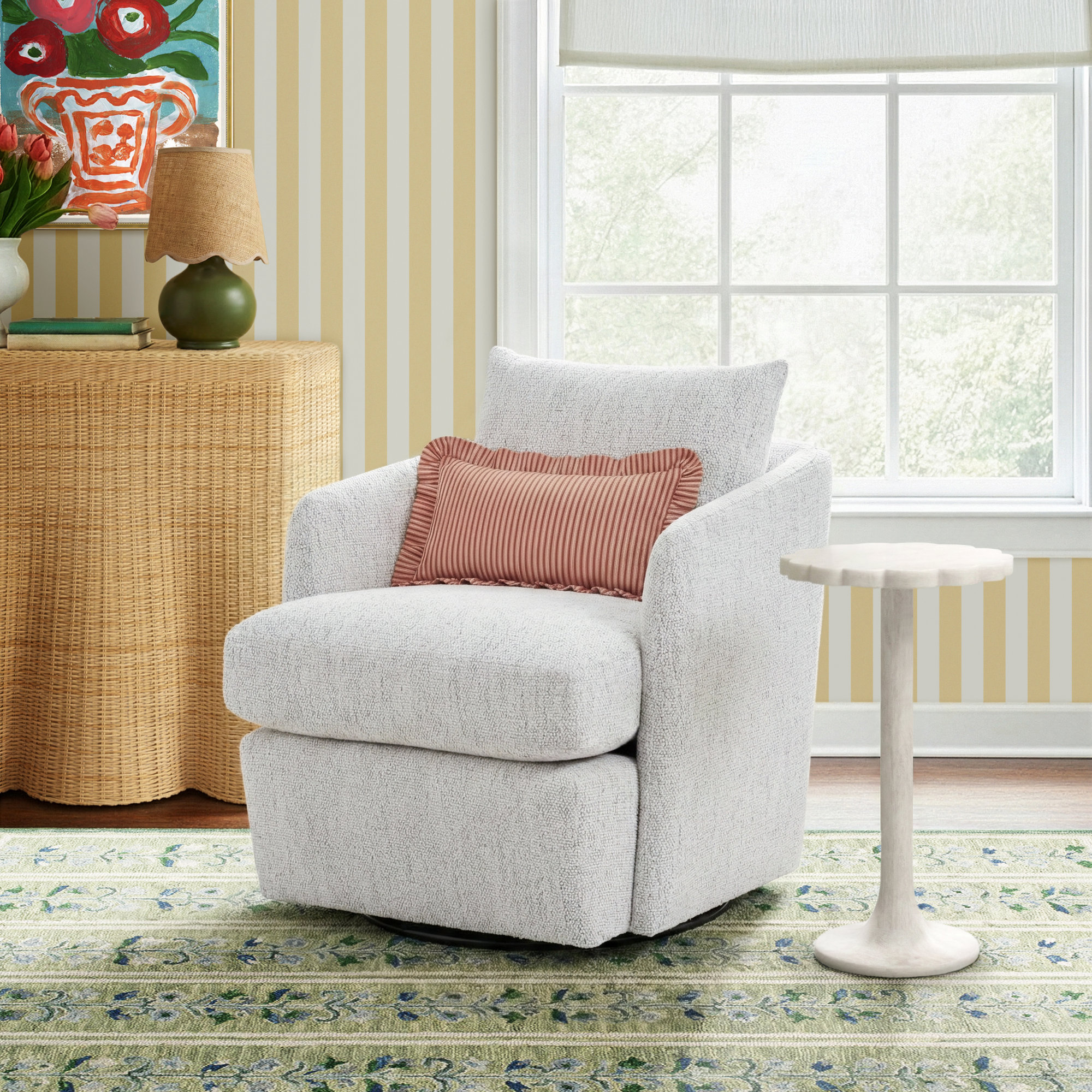 Upholstered Swivel Barrel Chair, Merino Cotton
