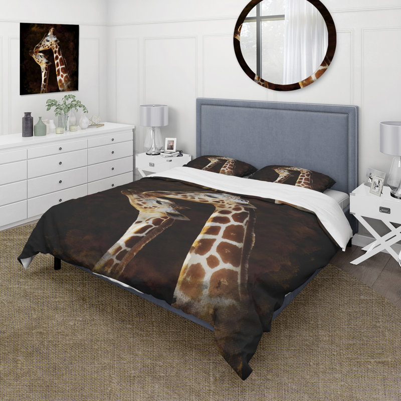 Portrait of Two Giraffes Kissing I - Ensemble de housse de couette Farmhouse - Microfibre de polyester
