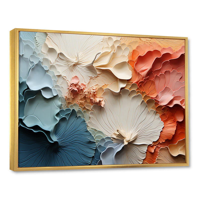 «Beige and Orange Custards Collage II», art mural abstrait pour le salon, Cadre flottant doré, L 32 po x H 24 po x P 1 po
