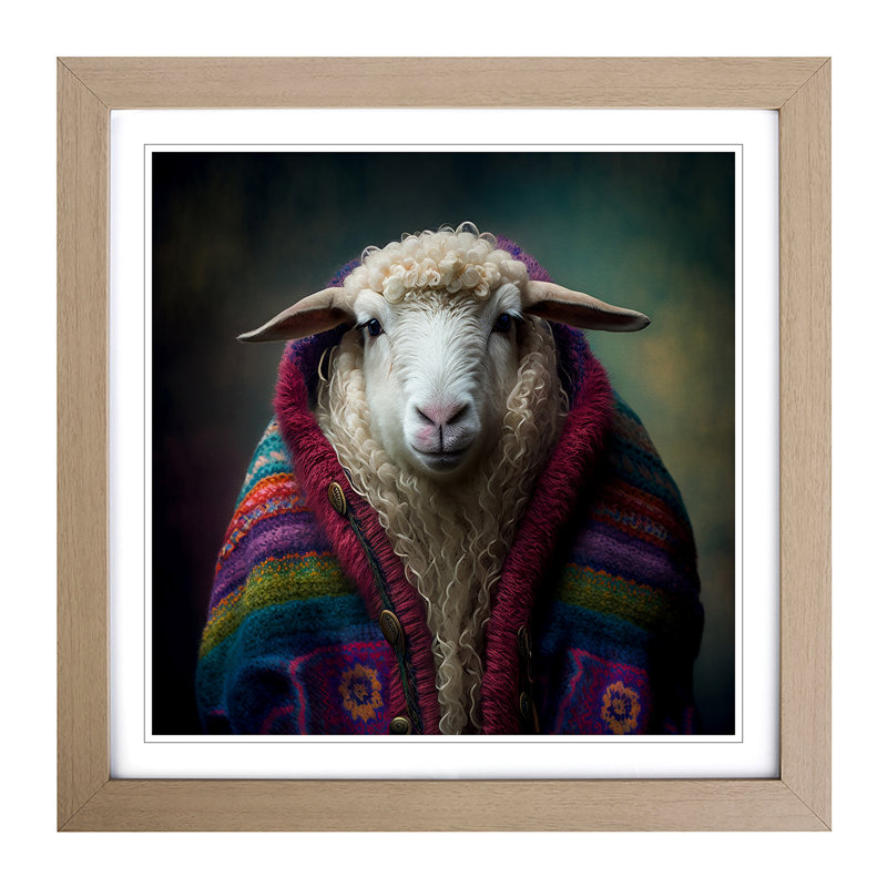 Sheep Boho - Single Picture Frame Print on Wood, Oak