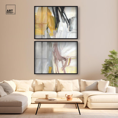 L'Or qui se souvient II - Ira Comleva, impression abstraite grand format en deux parties sous verre par Art Remedy, cadre blond, 44 x 33
