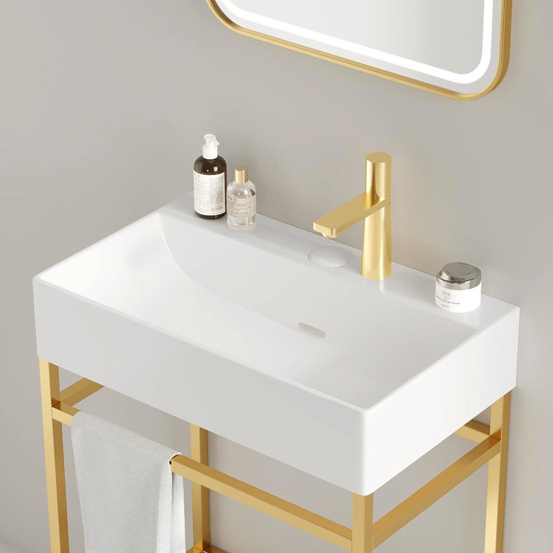 Meuble-lavabo de 24 po avec lavabo en céramique rectangulaire blanc brillant, console autoportante, pieds en métal ouverts, doré, tablettes de rangement