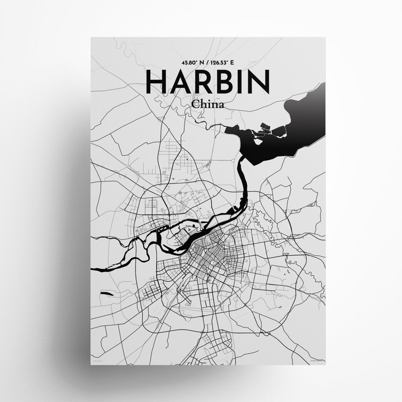 «Harbin City Map», impression, Noir / blanc, H 27,6 po x l 19,7 po